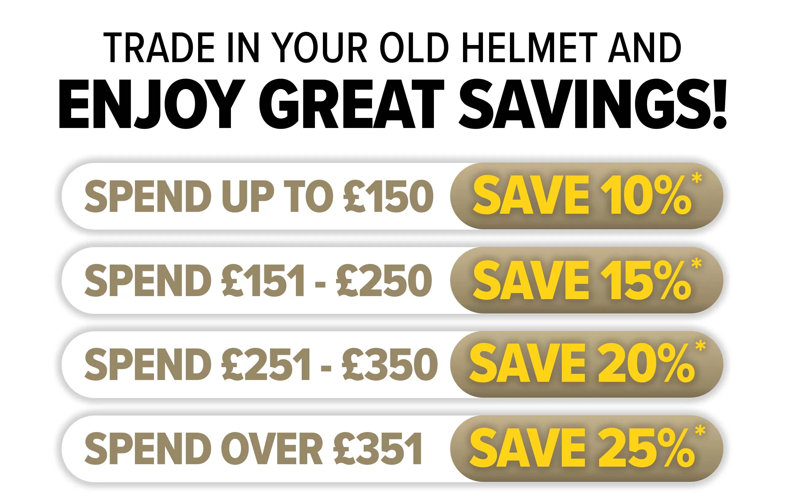 Enjoy up to 25% off a new helmet when you trade in your old one! T&Cs apply. Only at Laguna Motorcycles.