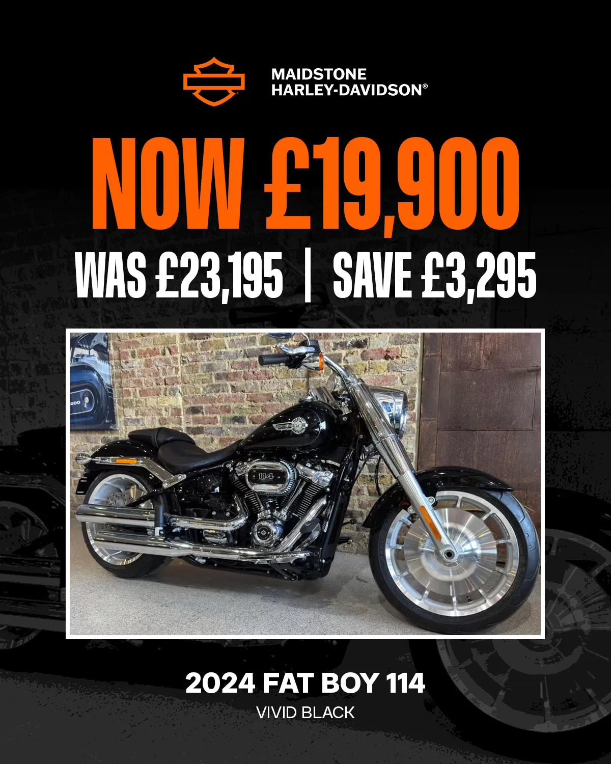 2024 FLFBS-FAT BOY 114 VIVID  BLACK - Special price available only at Maidstone Harley-Davidson - NOW £19,900, WAS £23,195, SAVE £3,295