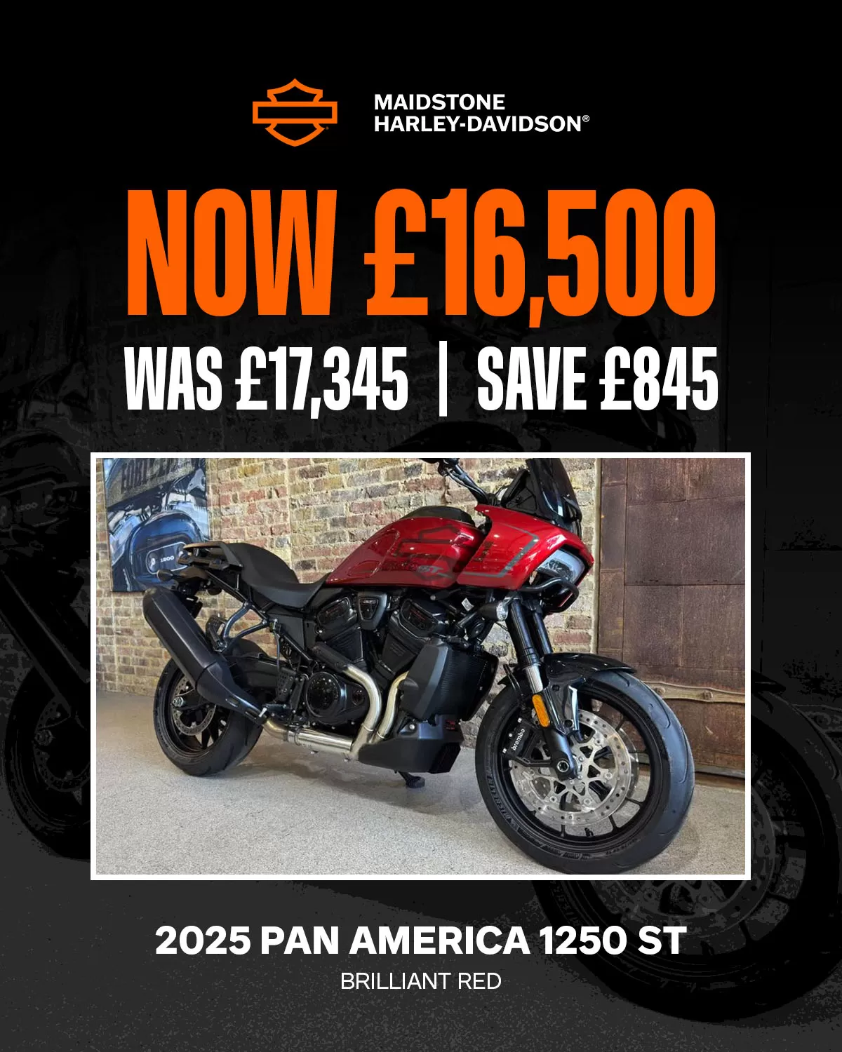 2025 RA1250ST-PAN AMERICA 1250 ST BRILLIANT RED - Special price available only at Maidstone Harley-Davidson - NOW £16,500, WAS £17,345, SAVE £845