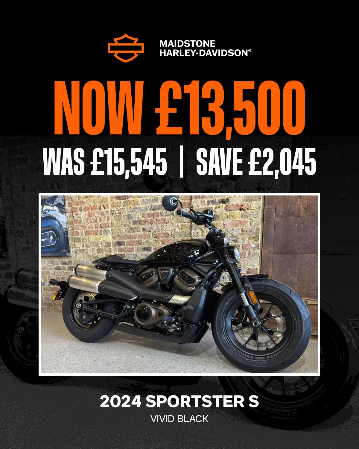 2024 RH1250S-SPORTSTER S VIVID BLACK - Special price available only at Maidstone Harley-Davidson - NOW £13,500, WAS £15,545, SAVE £2,045