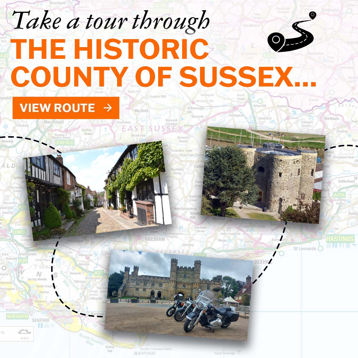 Recommended motorcycle ride route through Sussex