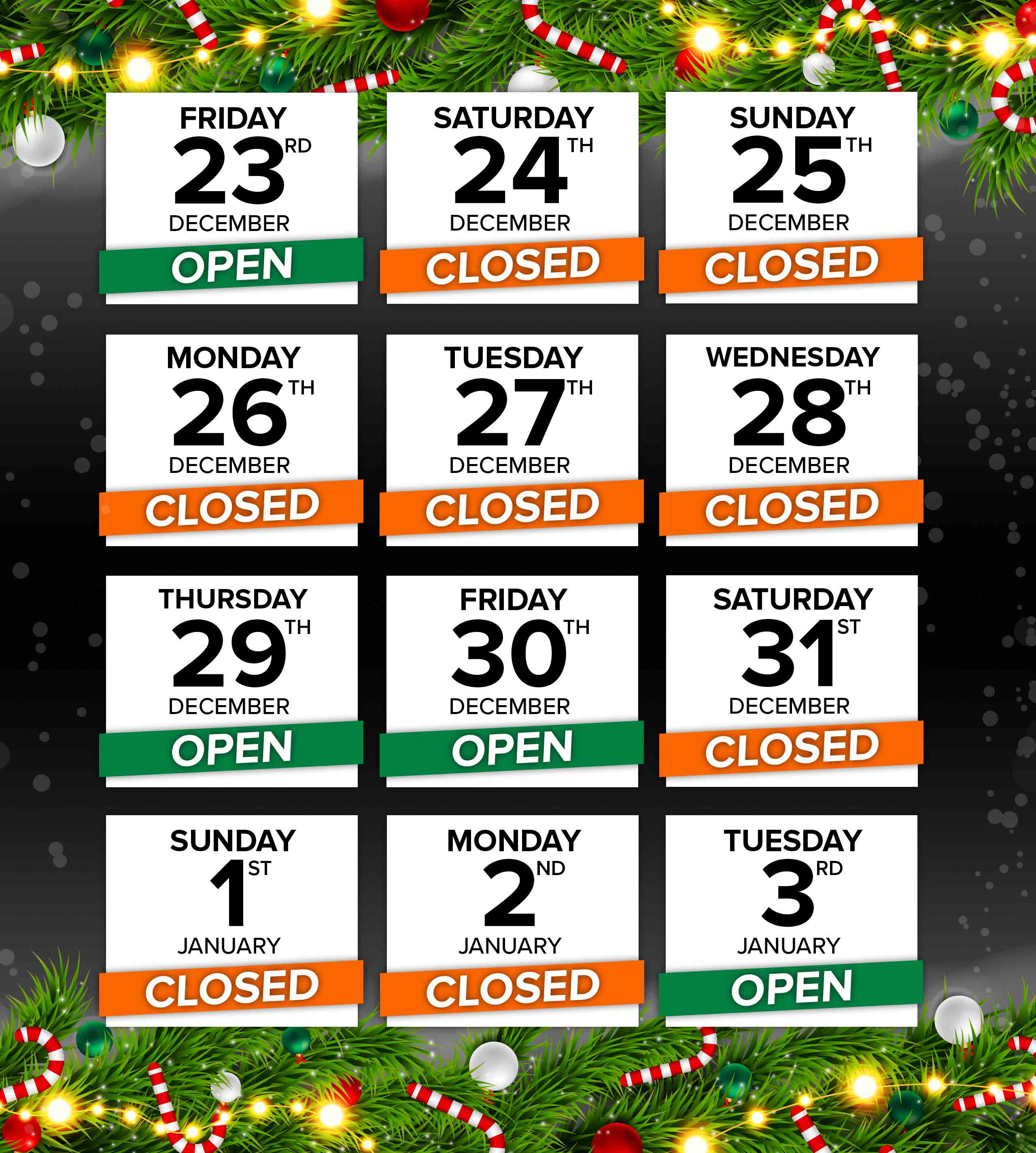 Christmas and new year opening hours for Maidstone Harley-Davidson® and all Laguna stores, 2022 - 2-23.