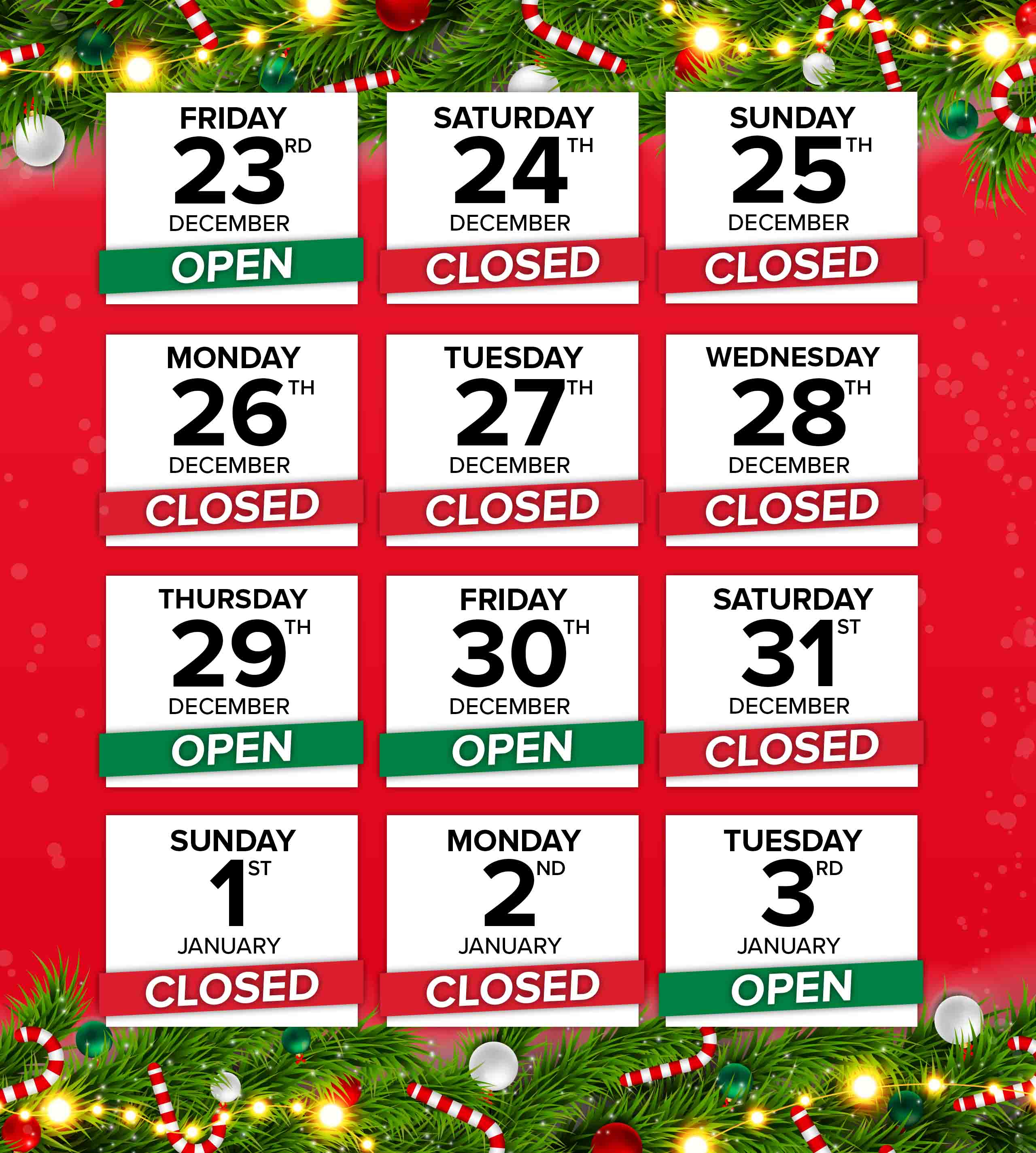 Christmas and new year opening hours for Maidstone Honda and all Laguna stores, 2022 - 2023.