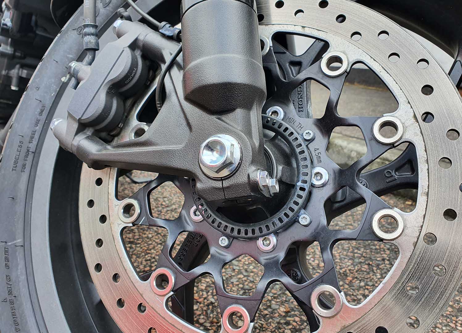 The CMX1100 Rebel Front brake disc and caliper