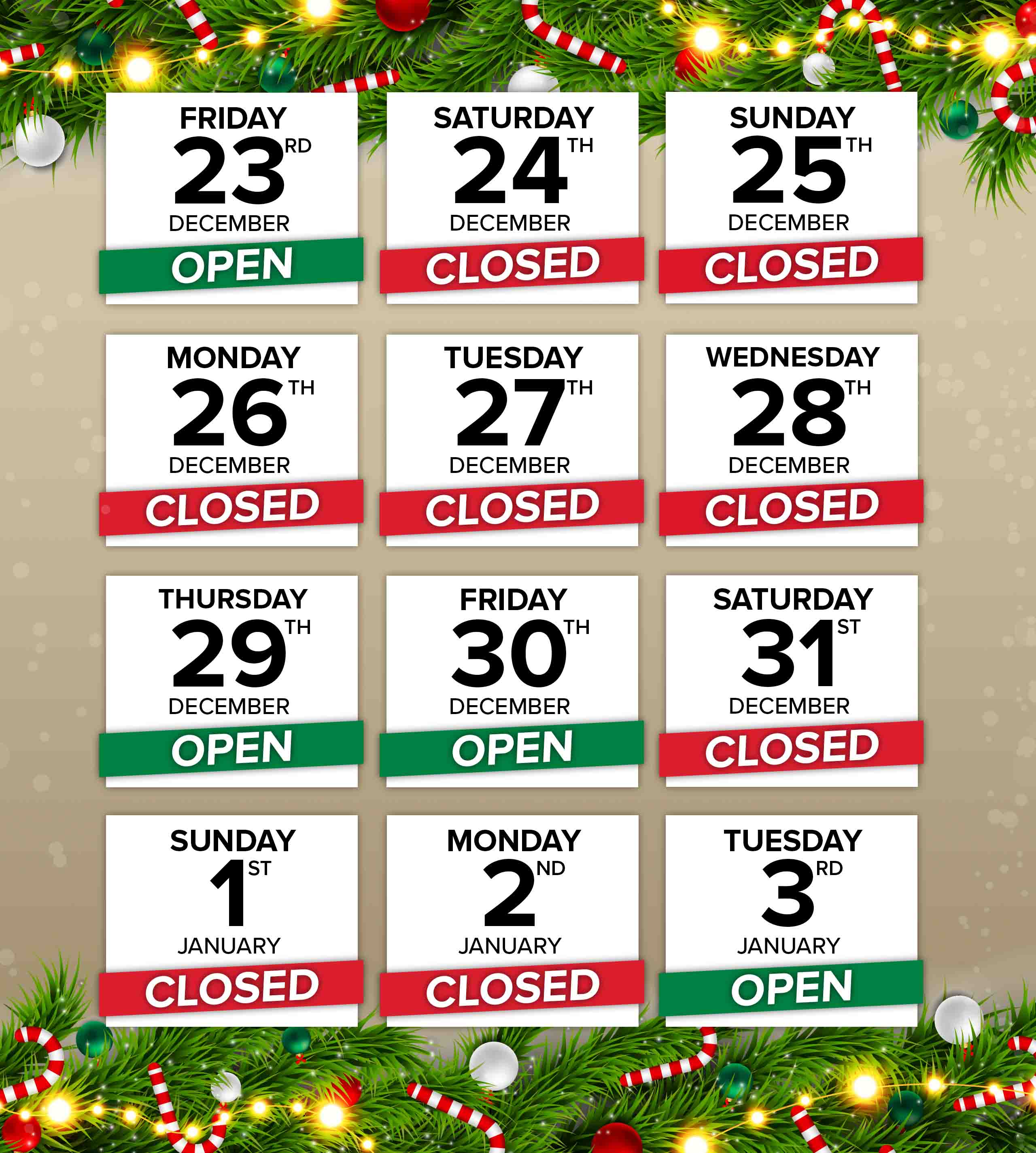 Christmas Store Hours for the Laguna Group stores: 2022 - 2023