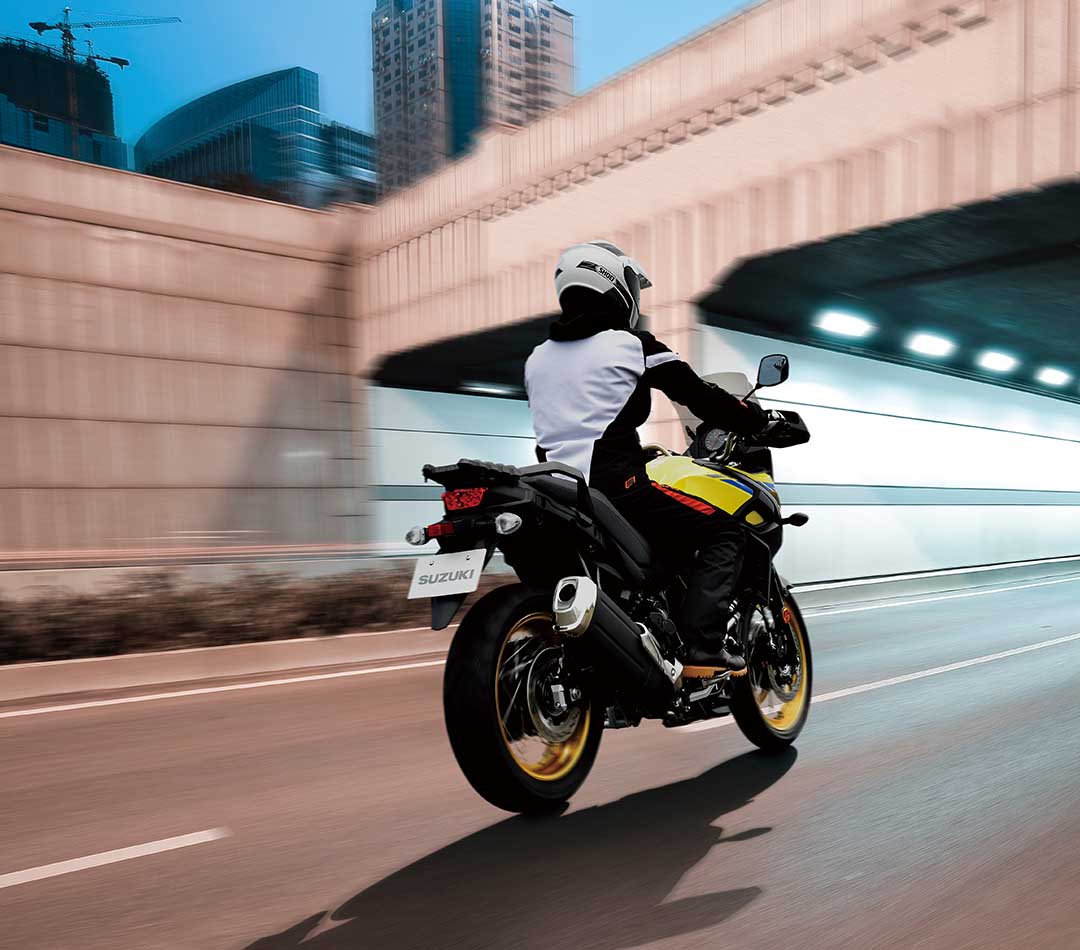 Riding through a tunnel on the VStrom 650