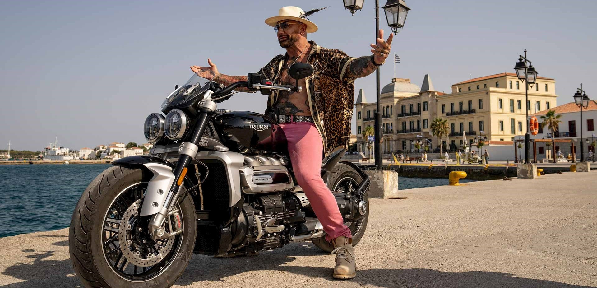 David Bautista rides the Triumph Rocket in Glass Onion: A Knives Out Mystery, on Netlfix.
